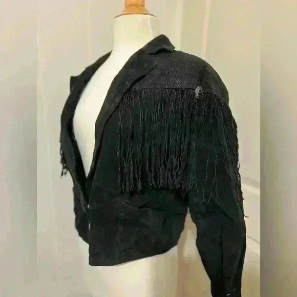 Vintage Concho Leather Suede Black Fringe Cowboy Western Festival Hippie Boho - Picture 8 of 8